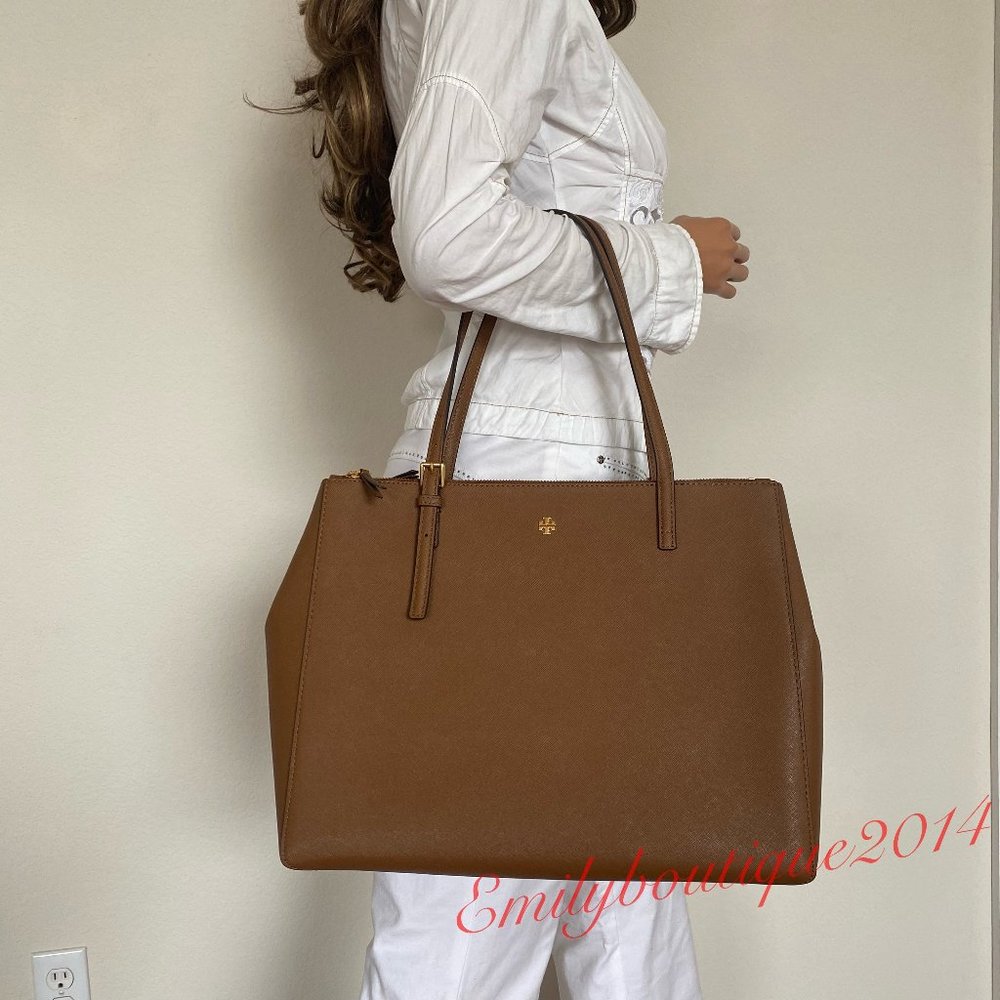 Tory Burch 134837 Emerson Large Double Zip Tote Moose Saffiano Leather Bag